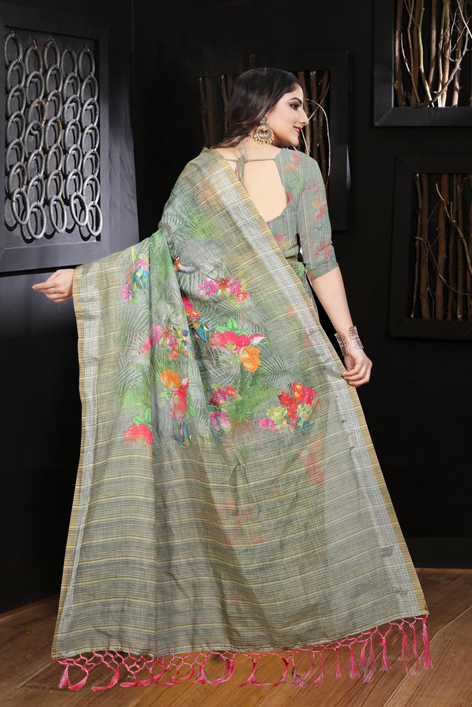 Linen Light Green Flowers Saree, Printed Designer Wear