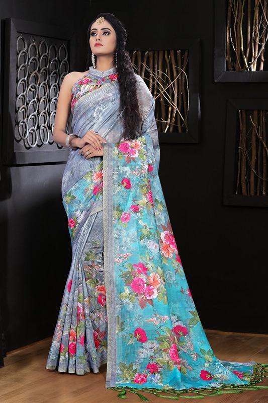 Pure Linen Majesty Grey Saree, Flower Designer Wear