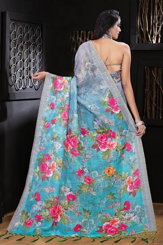 Pure Linen Majesty Grey Saree, Flower Designer Wear