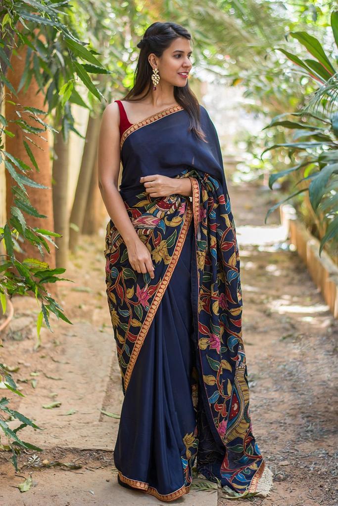 Pure Linen Pretty Navy Blue Saree, Awesome Festive Wear