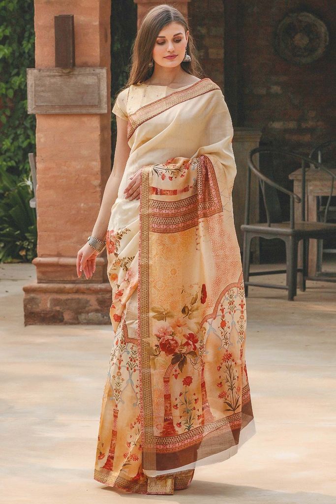 Pure Linen Amazing Beige Saree, Shining Printed Wear