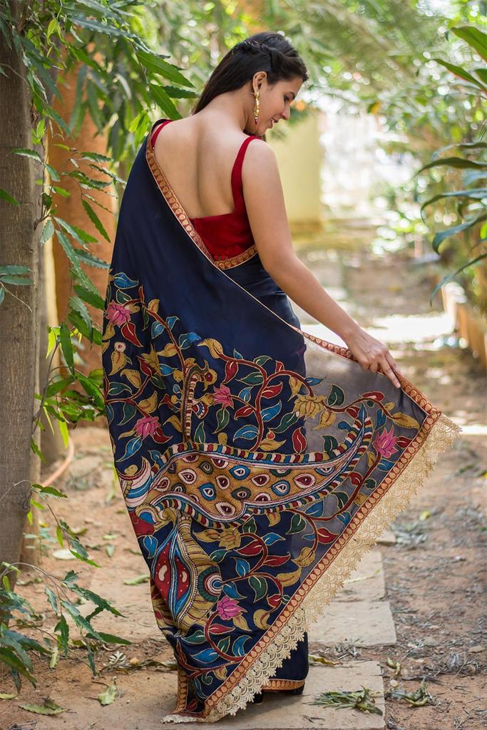 Pure Linen Pretty Navy Blue Saree, Awesome Festive Wear