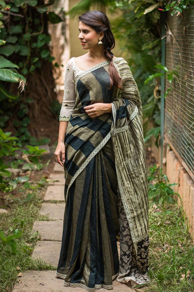 Pure Linen Dark Green Saree, Printed Designer Wear