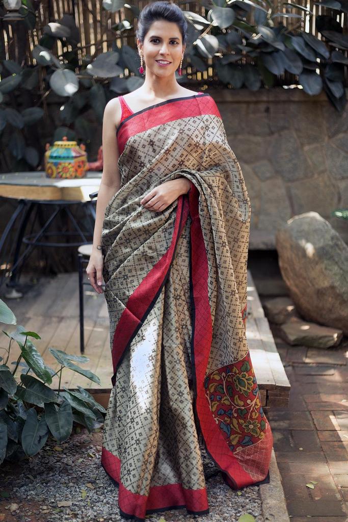 Linen Silk Attractive Greey Saree, Designer Wear