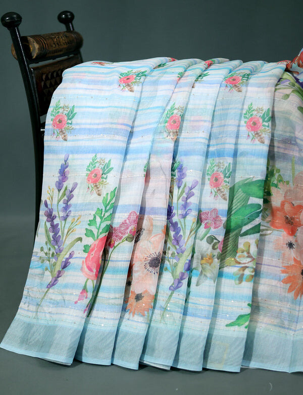 Adorning Sky Blue Colored Cotton Linen Designer Printed Saree