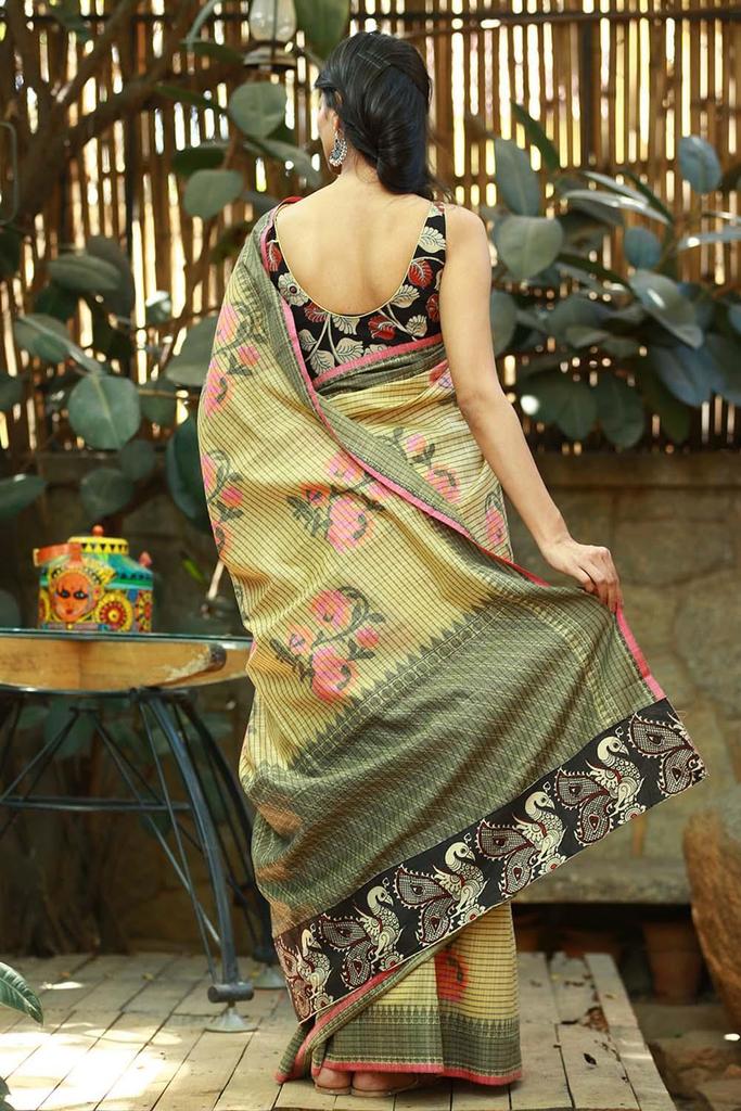 Linen Silk  Beautiful Light Olive Saree, Printed Designer Wear