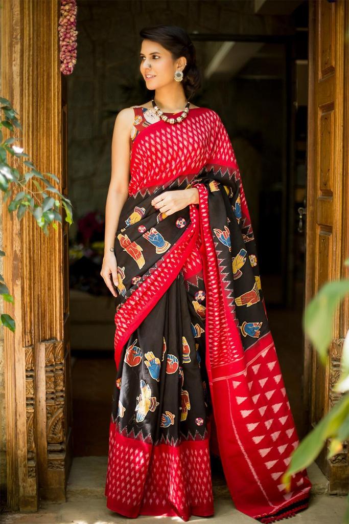 Linen Silk Appealing Black Saree, Printed Traditional Wear