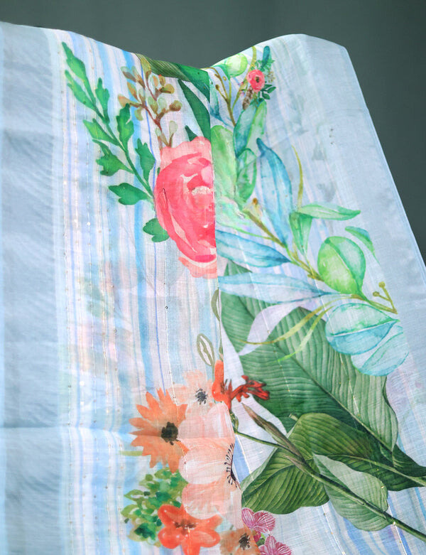 Adorning Sky Blue Colored Cotton Linen Designer Printed Saree