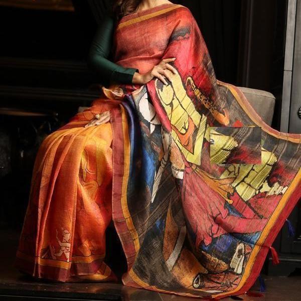 Pure Linen Vibrant Multi Saree, Traditional Wear
