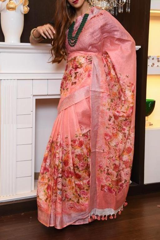 Pure Linen Glorious Peach Saree, Printed Designer WearPure Linen Glorious Peach Saree, Printed Designer Wear