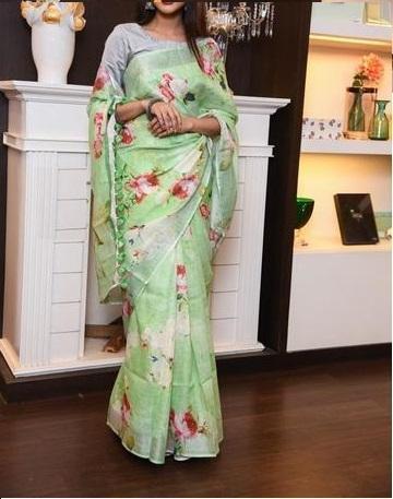 Pure Linen Delightful Green Saree, Casual Wear