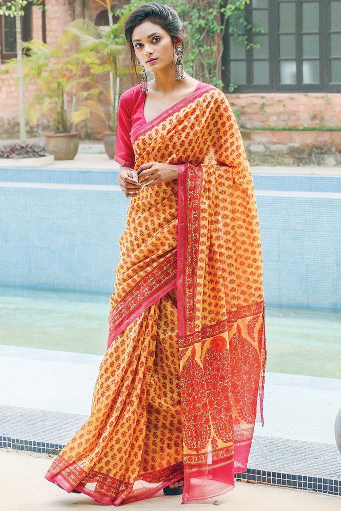 Pure Linen Amazing Yallow Saree, Printed Festive Wear