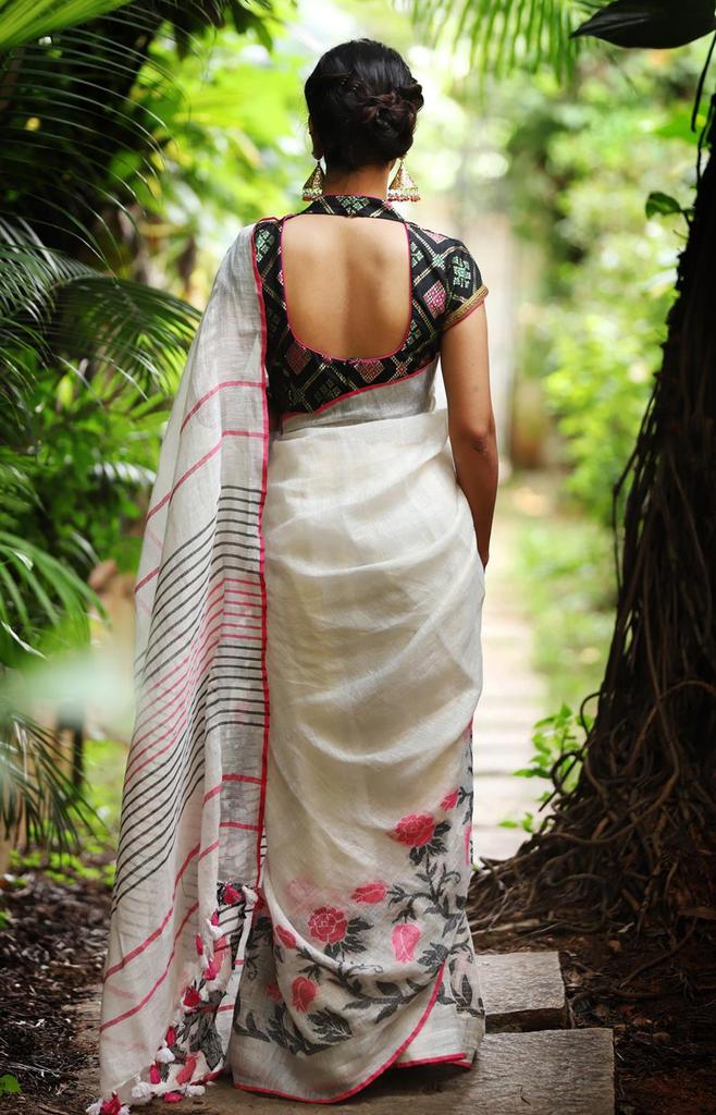 Pure Linen Beautiful White Saree, Printed Wedding Wear