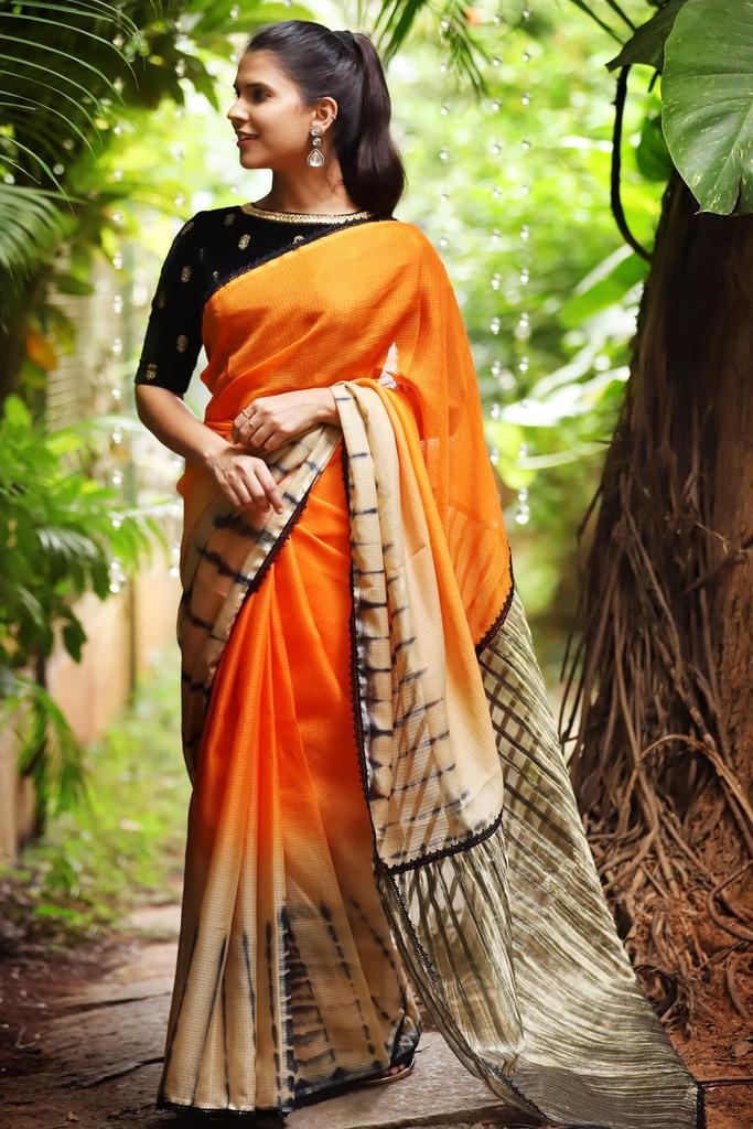 Pure Linen Stylish Orange Saree, Traditional Wear