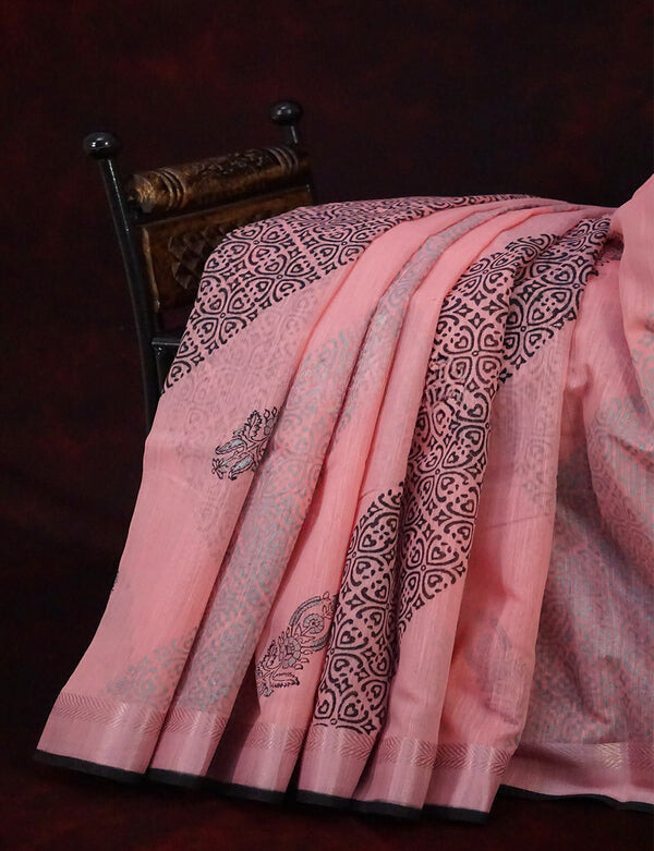 Stunning Baby Pink Colored Cotton Linen Designer Printed Saree