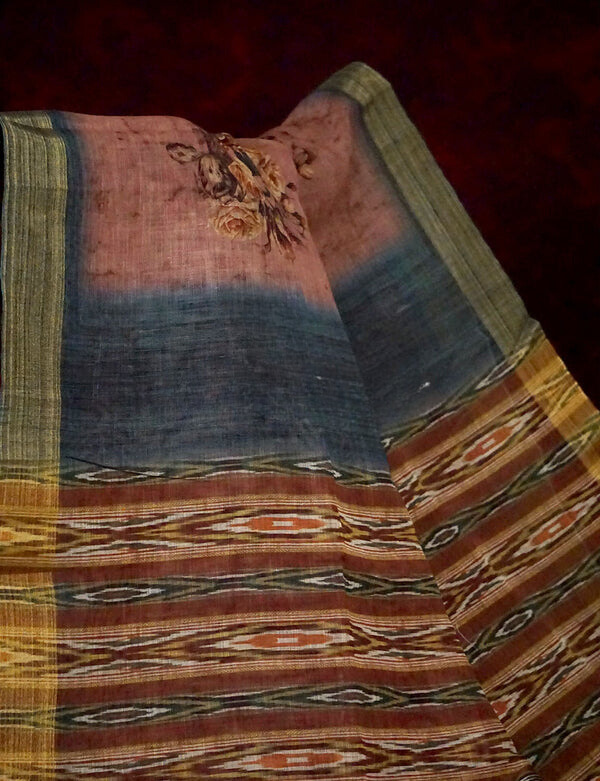 Unique Light Brown Colored Cotton Linen Designer Printed Saree