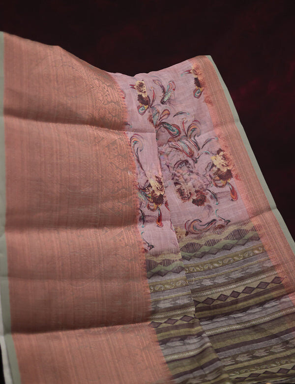 Flaunt Pink Colored Cotton Linen Designer Printed Saree