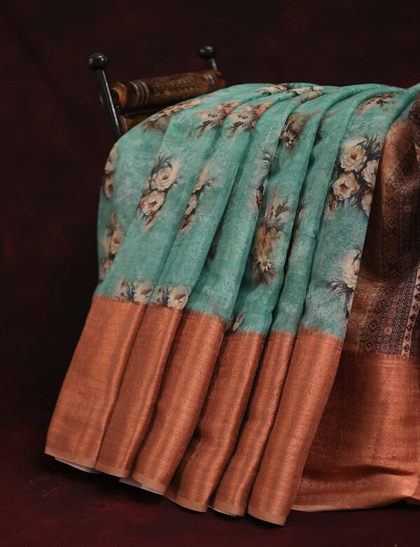 Unique Sky Blue Colored Cotton Linen Designer Printed Saree