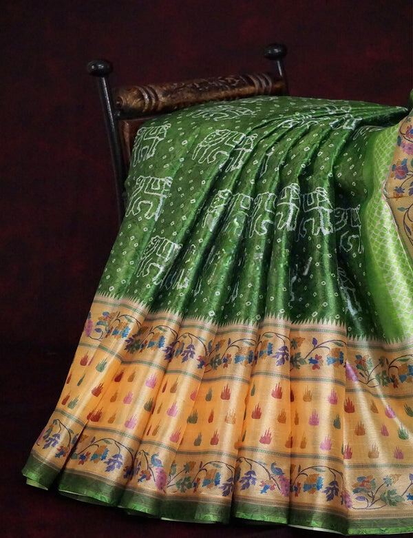 Innovative Dark Green Colored Cotton Linen Designer Printed Saree