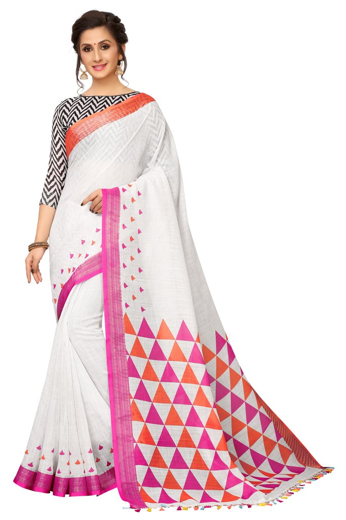 Pure Linen Demanding White Saree, Shining Printed Wear