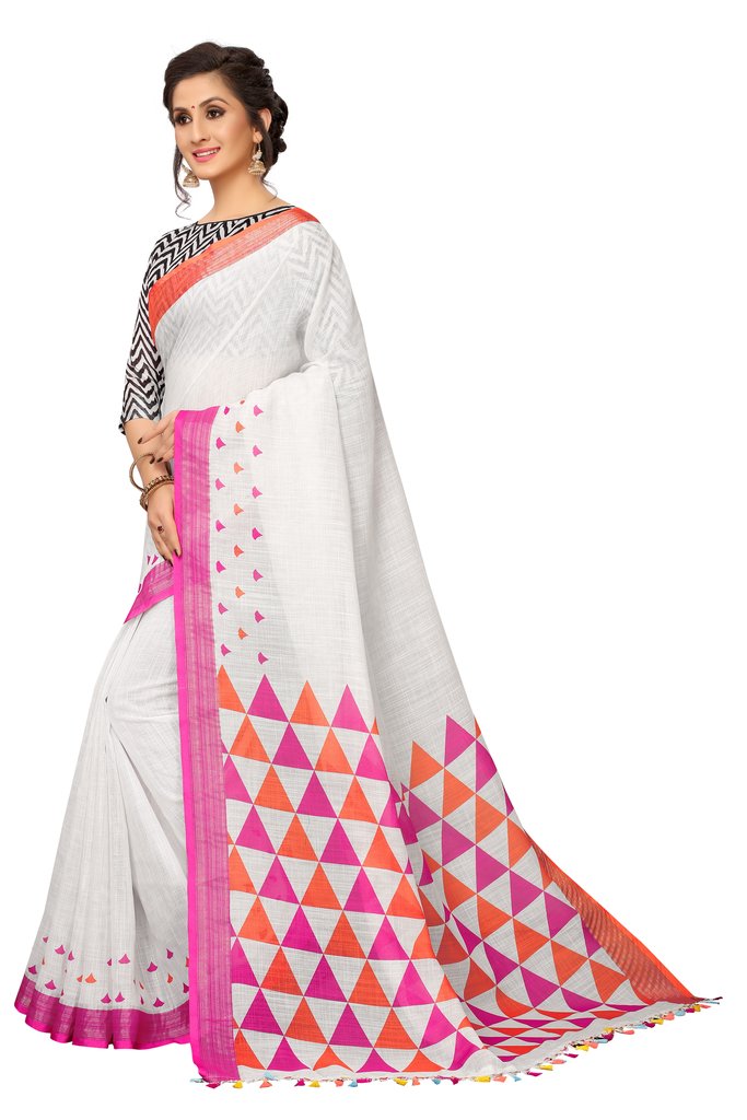 Pure Linen Demanding White Saree, Shining Printed Wear