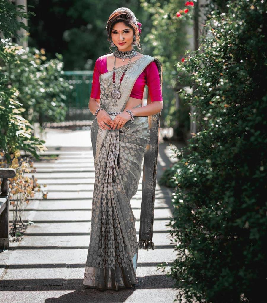 Sophisticated Grey Soft Banarasi Silk Saree with Fancy Blouse Piece