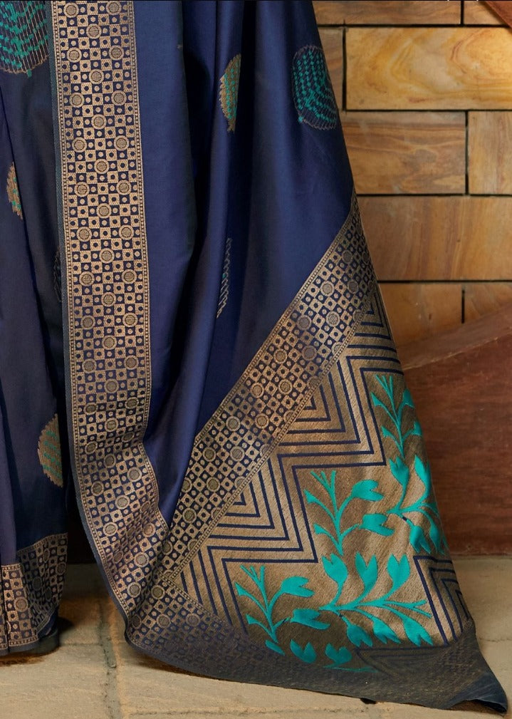 Artistic Blue Banarasi Satin Silk Saree with Rich Wine Blouse Piece