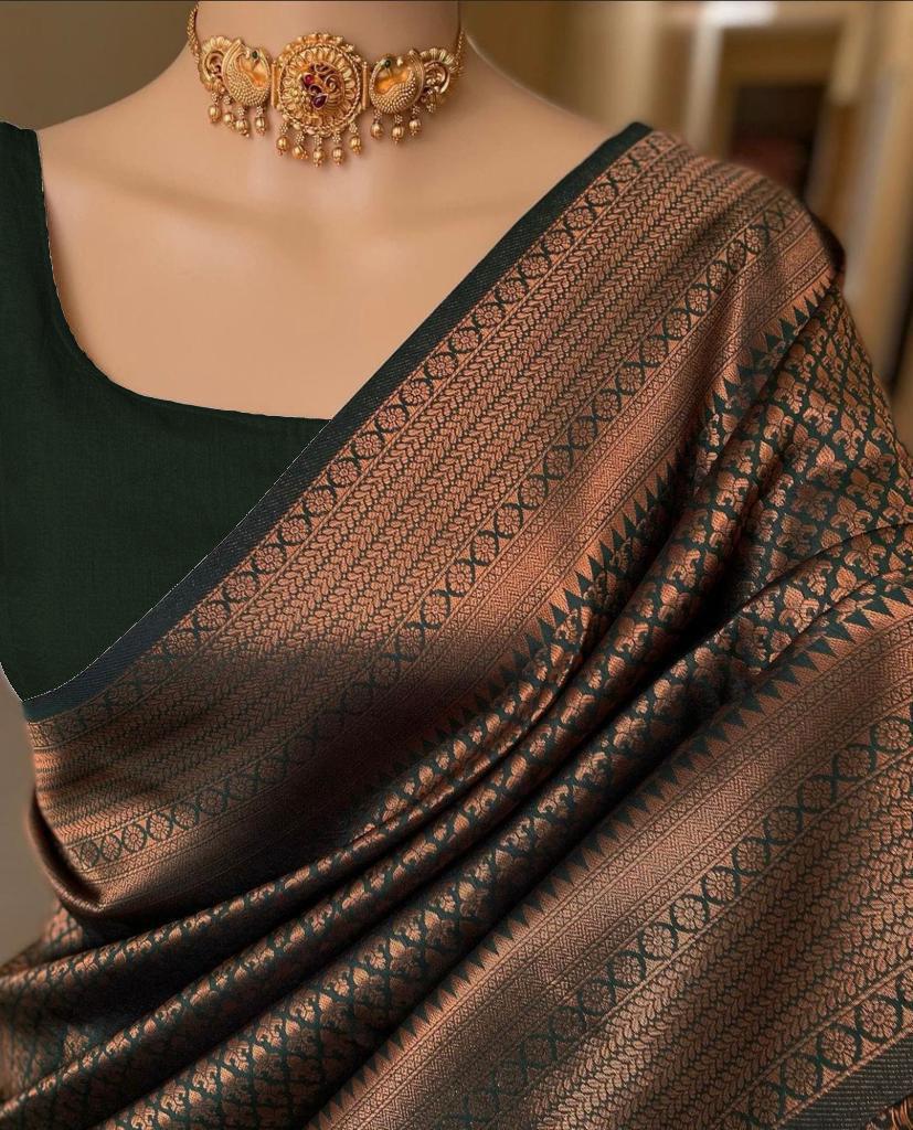 Pure jacquard Silk Sarees Dark Green Colour, Wedding Wear