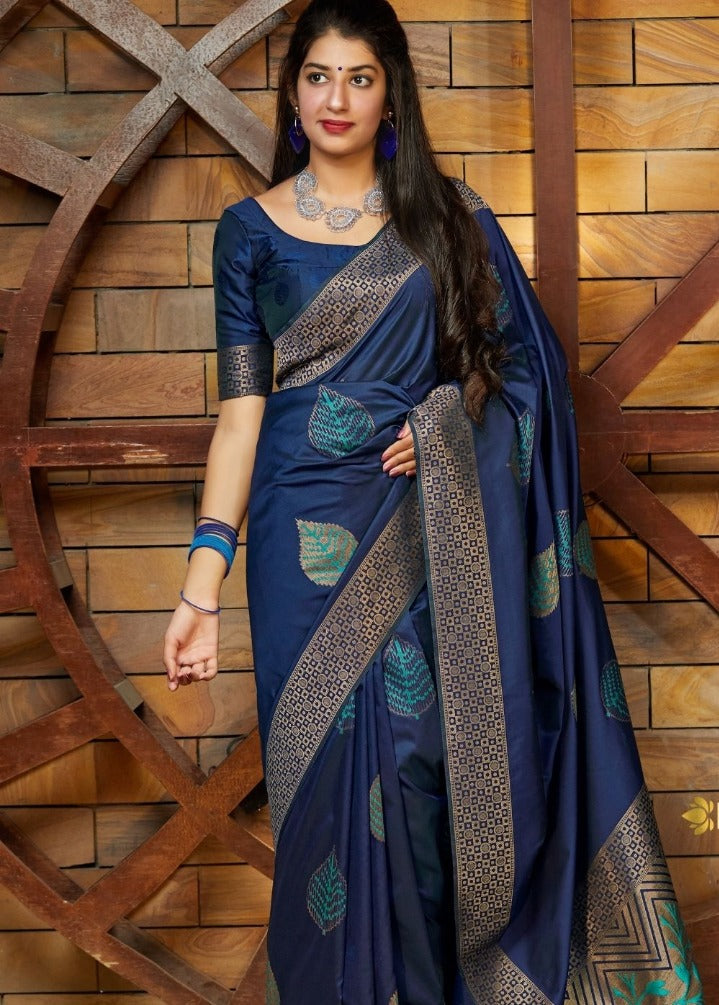 Artistic Blue Banarasi Satin Silk Saree with Rich Wine Blouse Piece