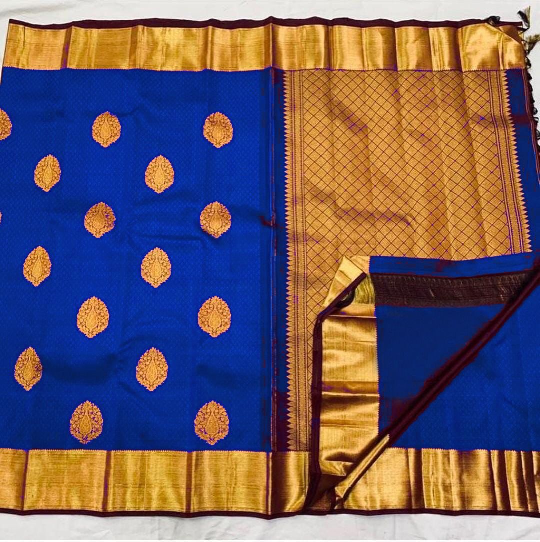 Pure jacquard Silk Sarees royal blue Colour, Wedding Wear