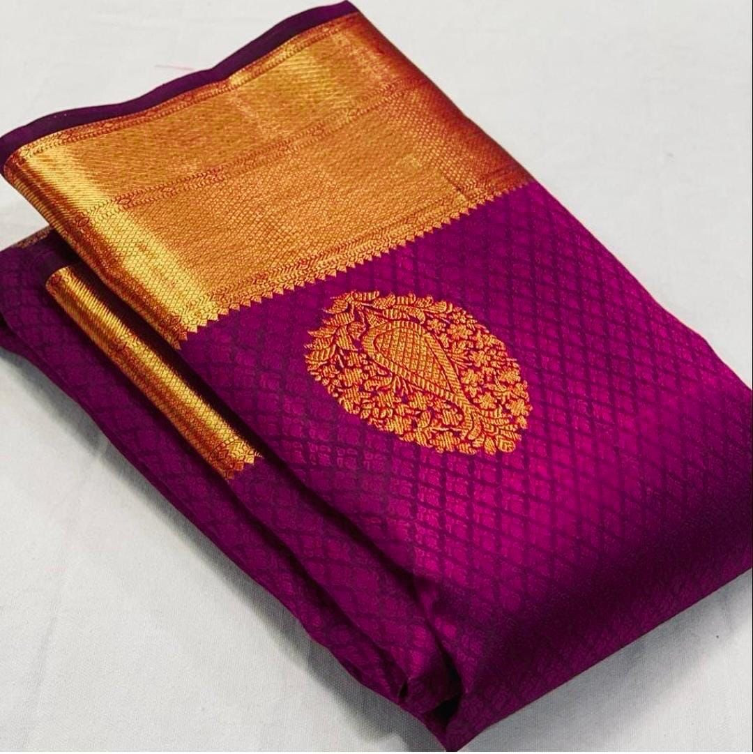 Pure jacquard Silk Sarees wine  Colour Wedding Wear