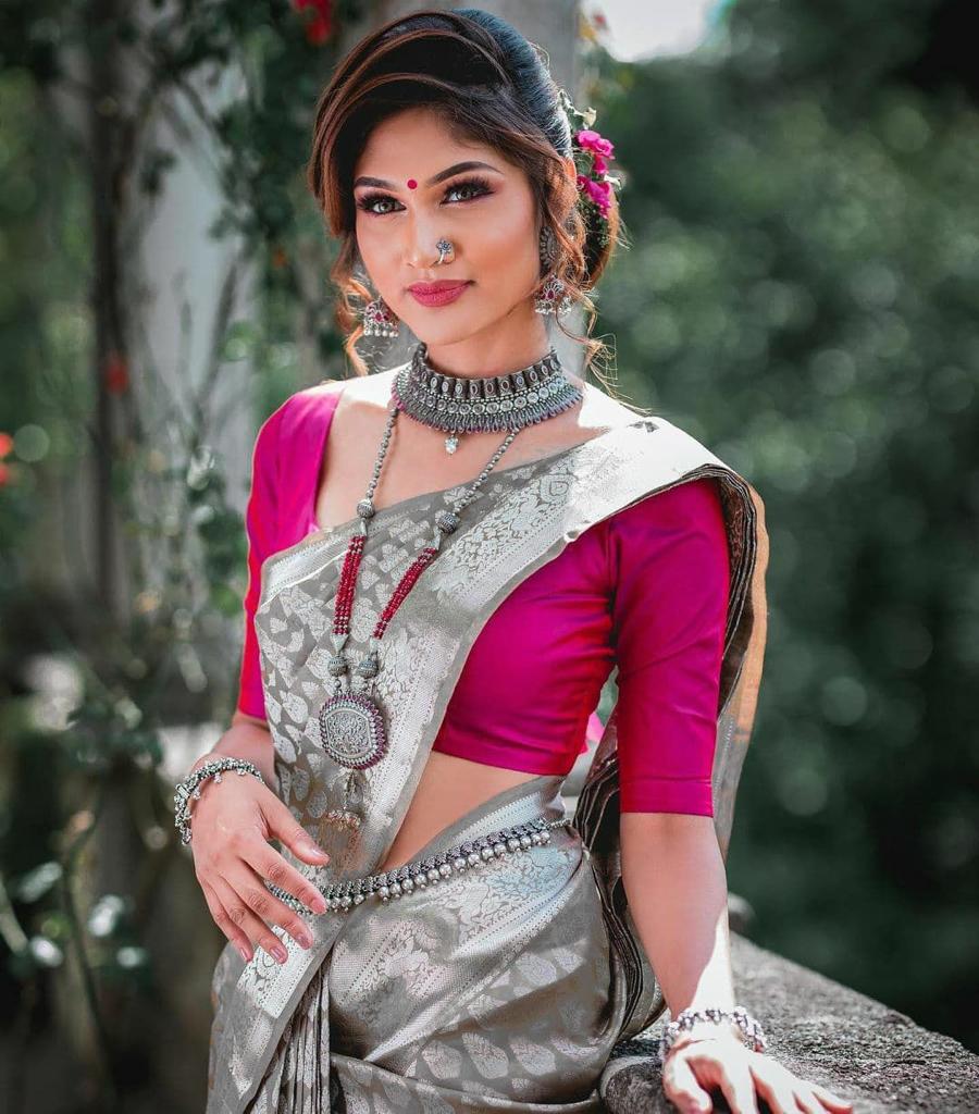 Sophisticated Grey Soft Banarasi Silk Saree with Fancy Blouse Piece