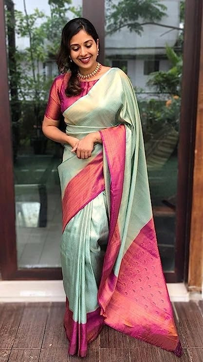 Blissful Sky Blue&Pink Color Soft Silk Saree With Blouse Piece