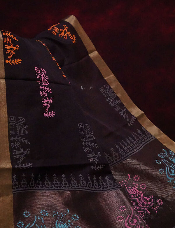 Intricate Black Colored Cotton Linen Designer Printed Saree