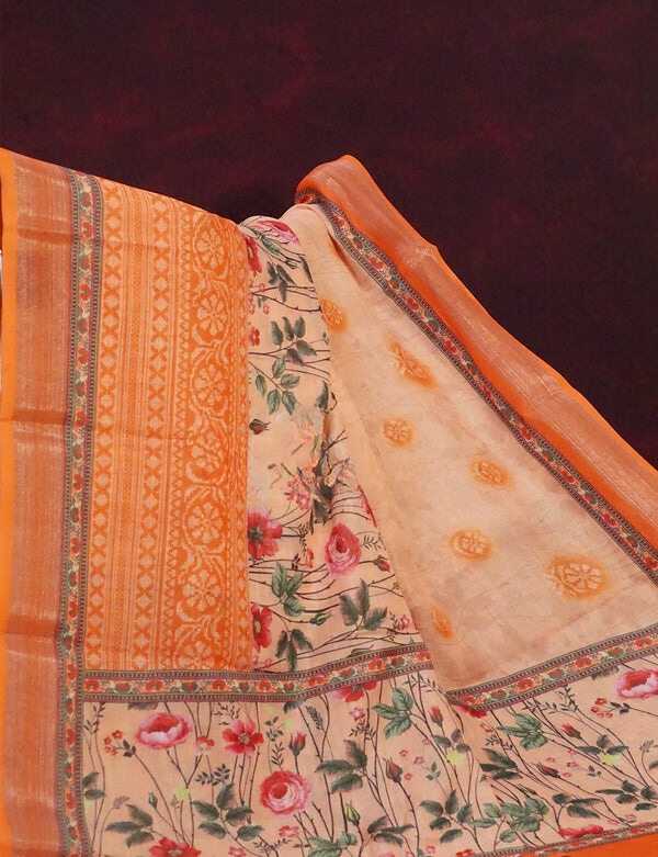 Captivating Orange Colored Cotton Linen Designer Printed Saree
