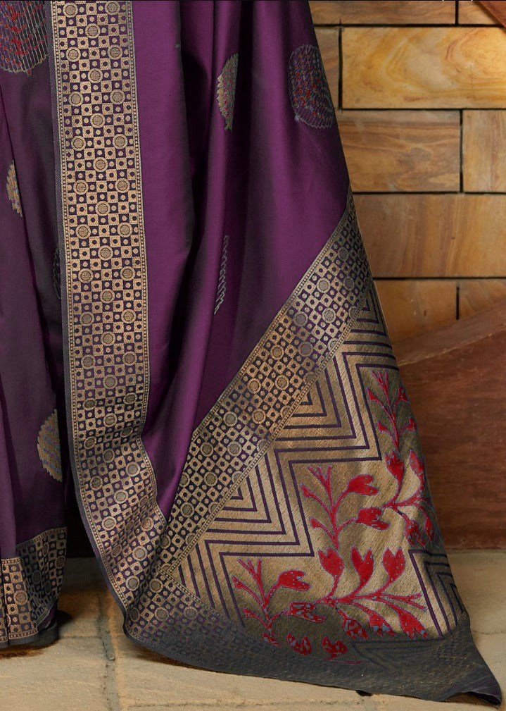 Artistic Wine Banarasi Satin Silk Saree with Rich Wine Blouse Piece