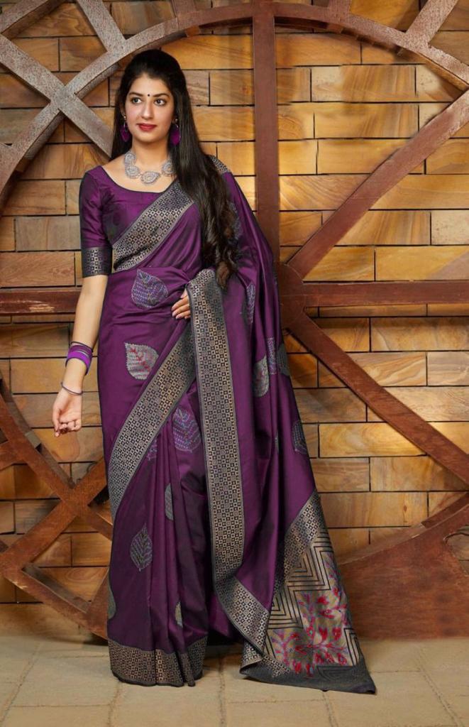 Artistic Wine Banarasi Satin Silk Saree with Rich Wine Blouse Piece