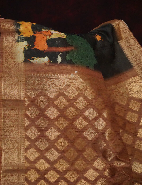Pleasant Dark Green Colored Cotton Linen Designer Printed Saree