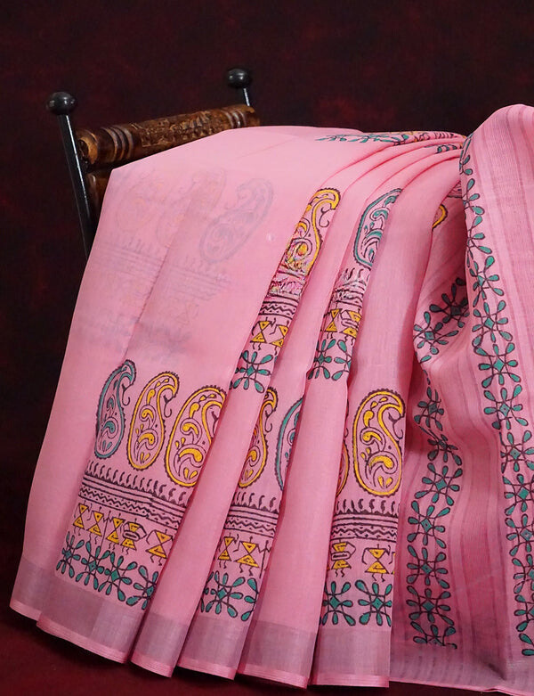 Fairy-tale Baby Pink Colored Cotton Linen Designer Printed Saree