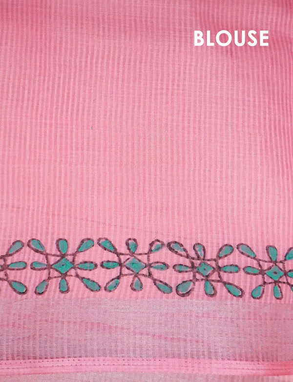 Fairy-tale Baby Pink Colored Cotton Linen Designer Printed Saree