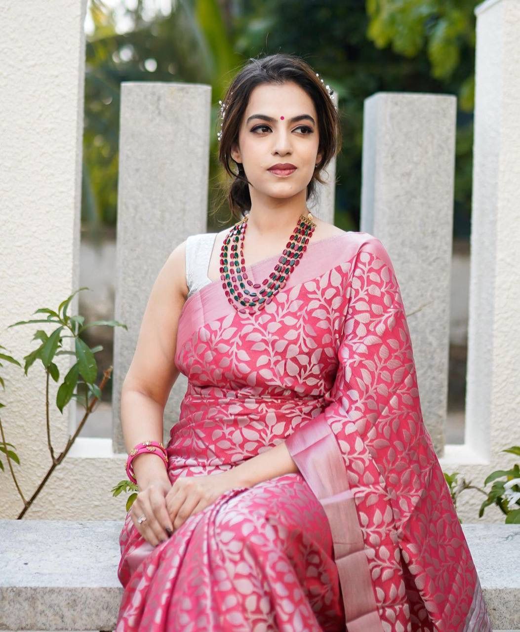 buy gorgeous pink color soft silk printed organza saree with contrast blouse