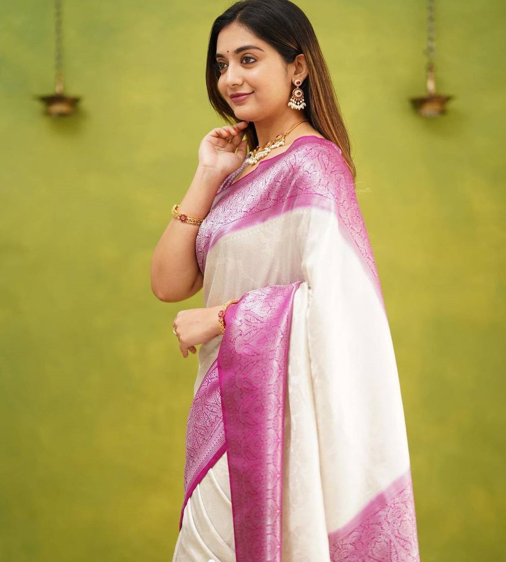 Imposing White And Pink Colour Soft Silk Saree With Blouse Piece