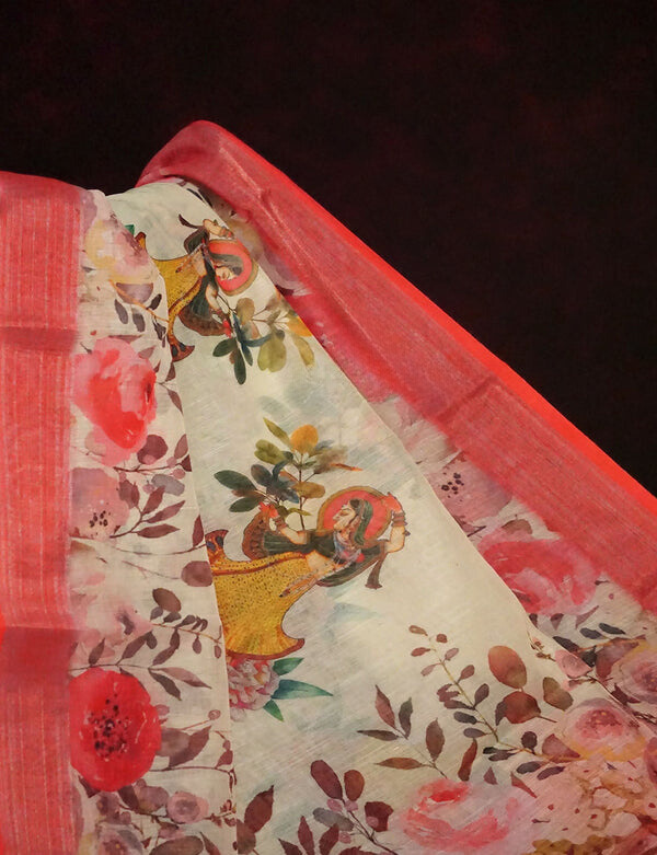 Stylish Off-White Colored Cotton Linen Designer Printed Saree