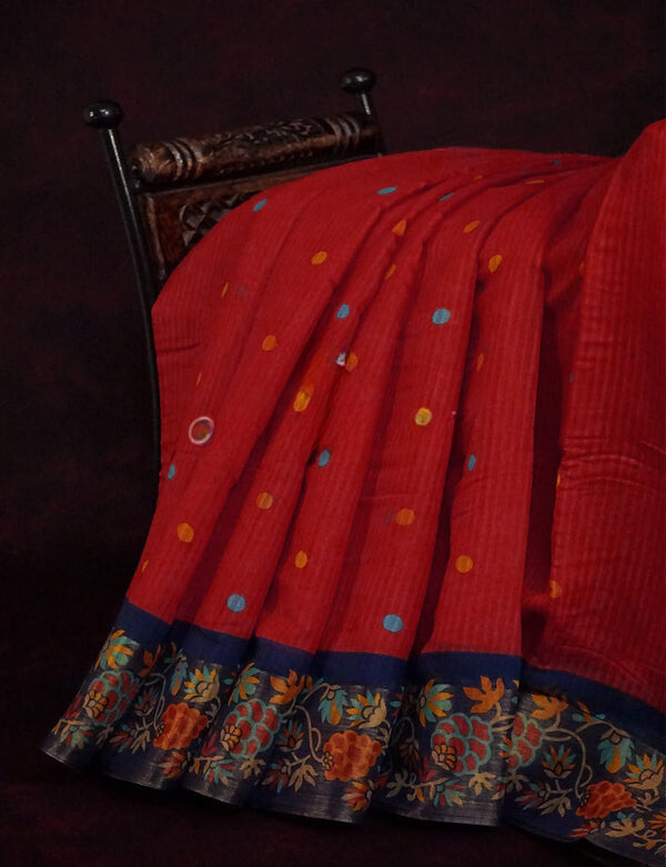 Impressive Red Colored Cotton Linen Designer Printed Saree