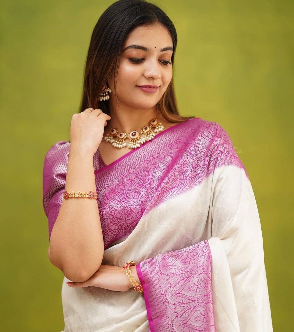 Imposing White And Pink Colour Soft Silk Saree With Blouse Piece