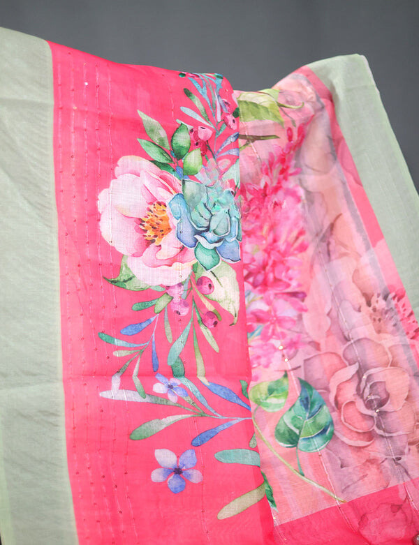 Alluring Baby Pink Colored Cotton Linen Designer Printed Saree