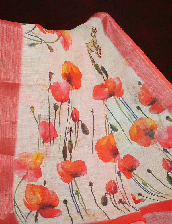 Delightful Off-White Colored Cotton Linen Designer Printed Saree