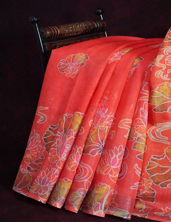 Adorable Red Colored Cotton Linen Designer Printed Saree