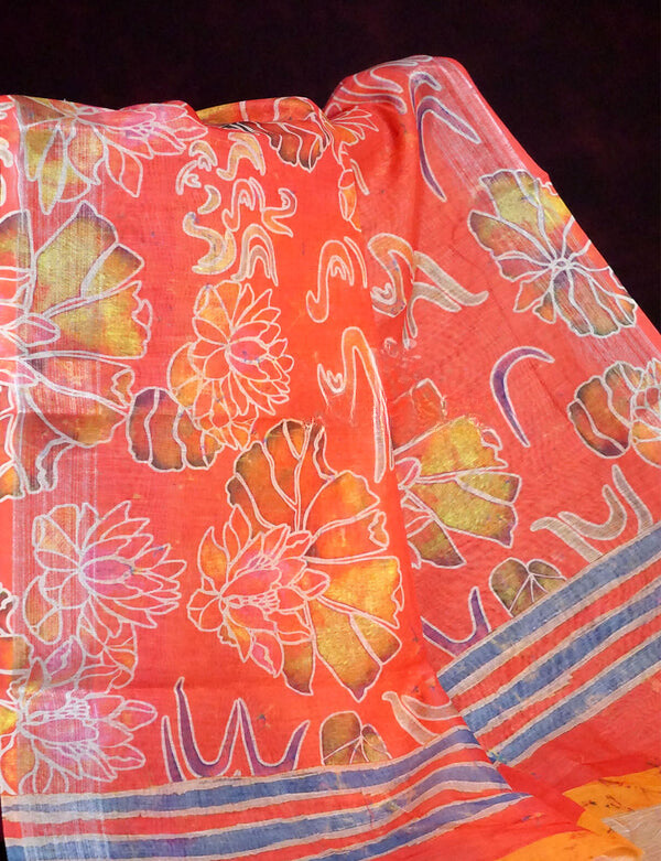 Adorable Red Colored Cotton Linen Designer Printed Saree