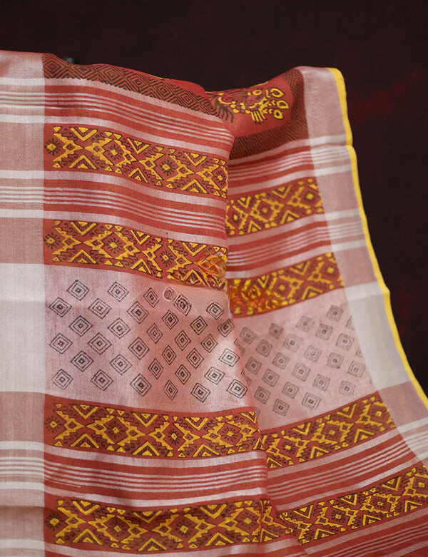 Opulent Red Colored Cotton Linen Designer Printed Saree